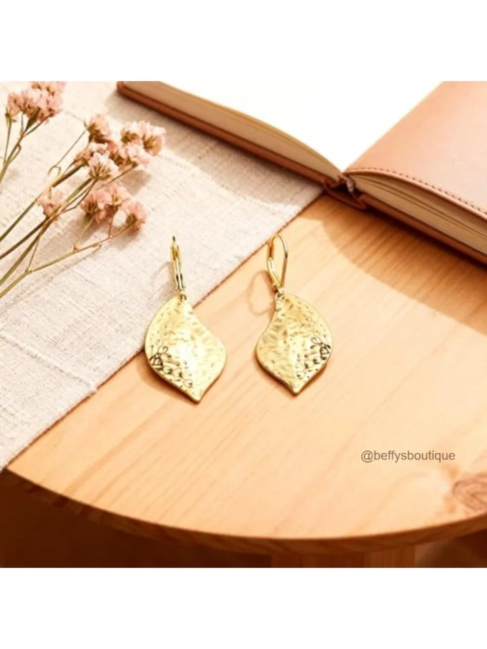 Hammered Leaf Dangle Earrings Sterling Silver Leverback Drop